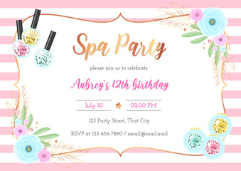 Spa birthday party invitation template. Beautiful pink striped background with golden frame, flowers and sparkling makeup products. Vector illustration 10 EPS.