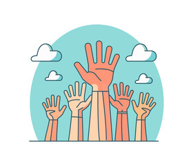 Volunteers and charity work. Raised helping hands. Vector icon background banner illustrations with a crowd of people ready and available to help and contribute. Positive foundation, business, service