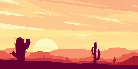 red desert landscape with cactuses at sunset - 568817535