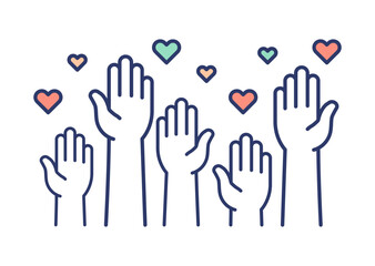 Volunteers and charity work. Raised helping hands. Vector icon background banner illustrations with a crowd of people ready and available to help and contribute. Positive foundation, business, service