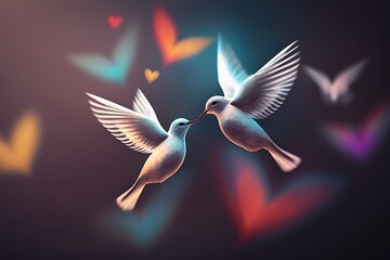 Fototapeta premium two couple pigeon fly together with bokeh light, idea for pure love concept background wallpaper, Generative Ai