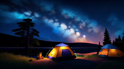 Fototapeta na wymiar 森林と湖のそばでのキャンプのイメージ画像　ソロキャンプ　テント