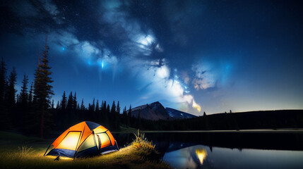 Fototapeta na wymiar 森林と湖のそばでのキャンプのイメージ画像　ソロキャンプ　テント