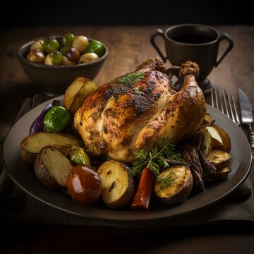 A Plate Of French Rotisserie Chicken, Served With Roasted Potatoes And Vegetables