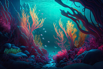 Fototapeta na wymiar Underwater kelp forest, vibrant colors Generative AI illustration