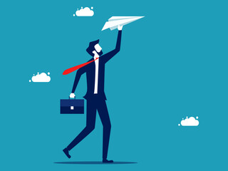 Businessman holding a paper plane. Help support to achieve goals. business concept vector illustration