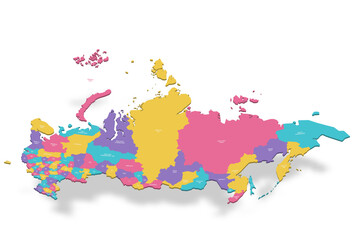Russia political map of administrative divisions - oblasts, republics, autonomous okrugs, krais, autonomous oblast and 2 federal cities of Moscow and Saint Petersburg. 3D colorful vector map with name