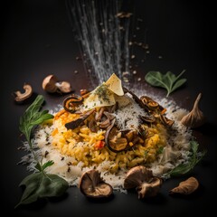 a plate of Italian risotto, topped with mushrooms and Parmesan cheese
