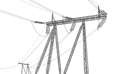 High voltage transmission systems. Electric pole. Power lines. Energy pylons. Black outlines image. A network of interconnected electrical. Vector design illustration