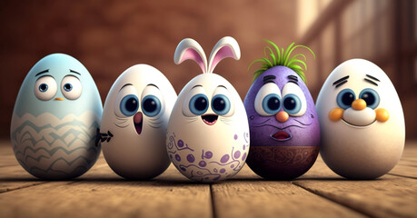Obraz premium Happy funny group Easter egg cartoon character, Easter concept, generated ai