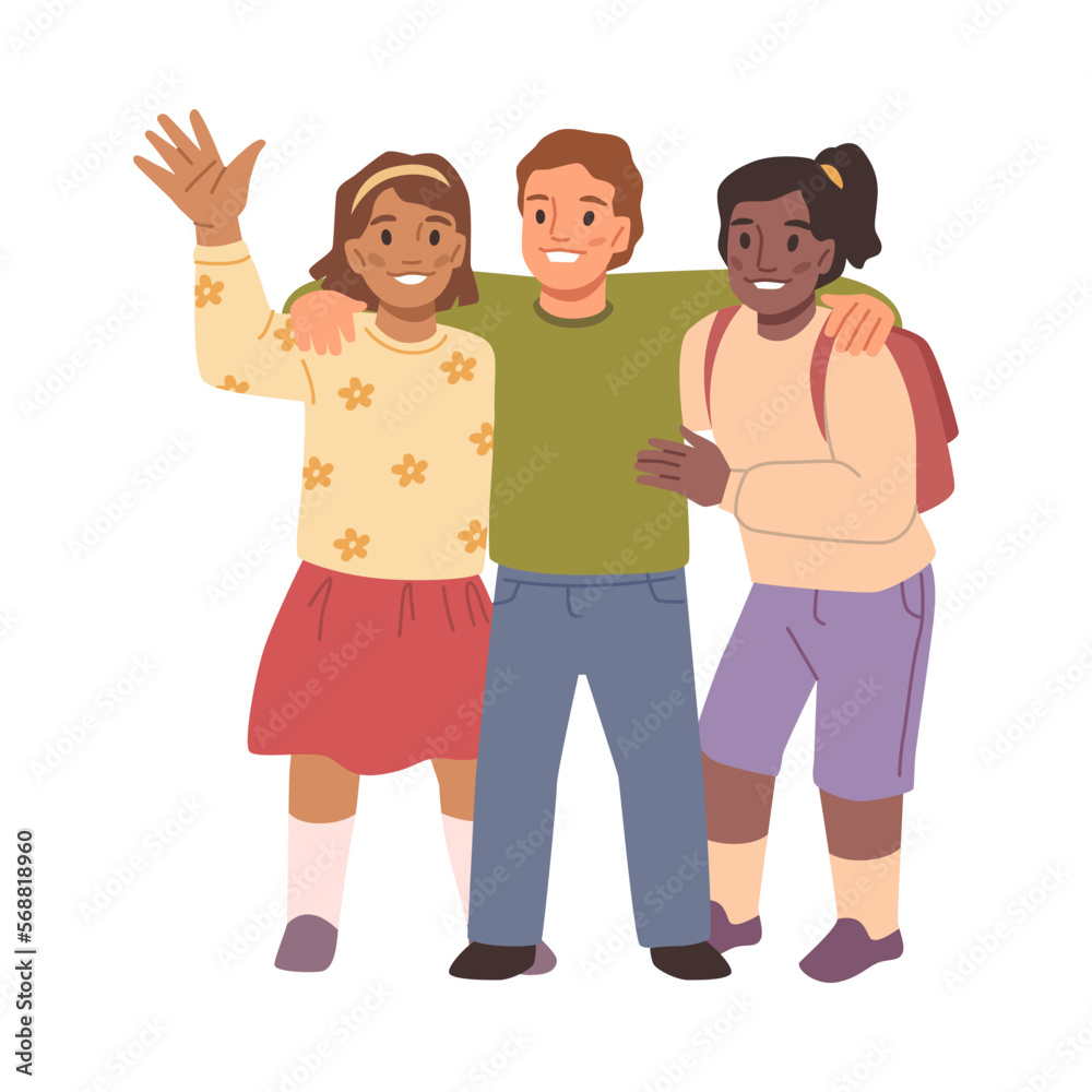 Wall mural Siblings or cousins cuddling and waving hello. Isolated happy children smiling and cuddling. Family members relationships and togetherness. Vector in flat style