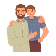Father cuddling kid, isolated dad hugging teenage boy. Parent proud of child, happy family moments and relationships. Vector in flat style illustration