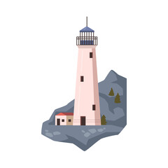 Beacon and lighthouse with searchlight helping ships to navigate. Construction tower with observation point and light or signals. Vector in flat style