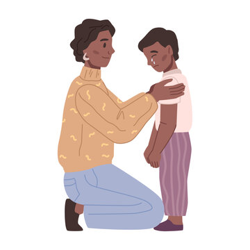 Mother hugging and comforting crying son. Isolated woman cuddling upset boy, calming down and cheering up child. Parent quieten preschooler. Vector in flat style