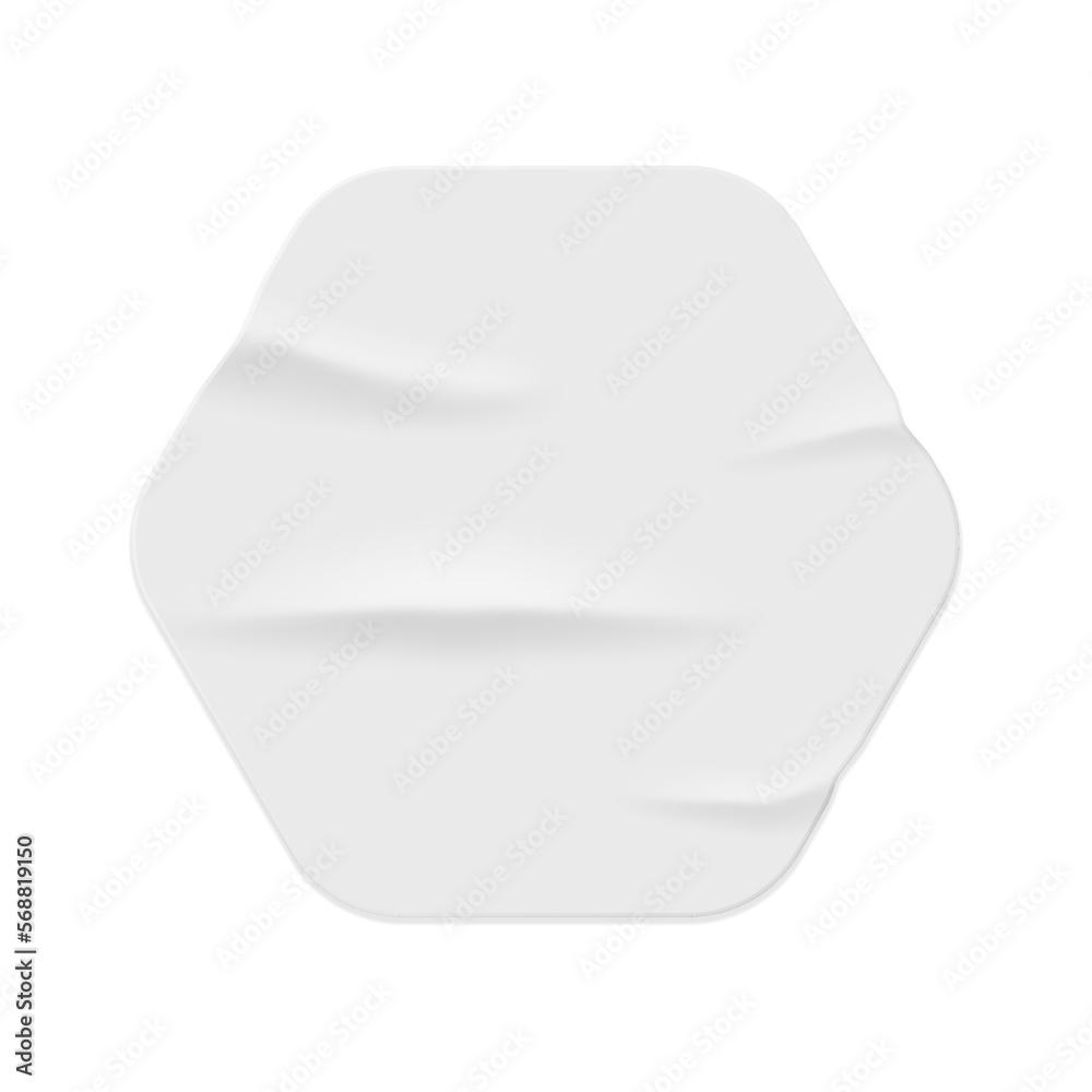 Poster Hexagonal colorless wrinkled glued sticker, isolated crumpled paper texture. Icon or banner with empty copy space for text or ads. Vector in realistic style