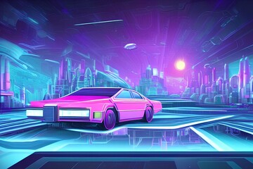 Plakat Retro Sci-Fi futuristic background 1980s style 3d illustration. Digital landscape in a cyber world. For use as design cover. v13 Luxury retro car executed in pink and purple colors - generative ai