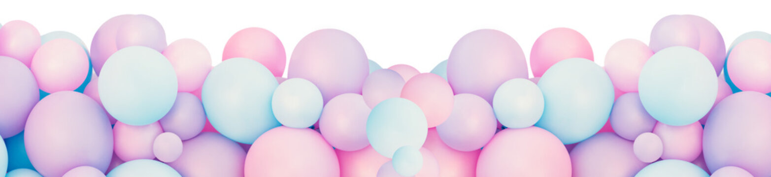 Colorful balloons background, punchy pink and mint pastel colored and soft focus. Party festive balloons photo wall birthday decoration for children.