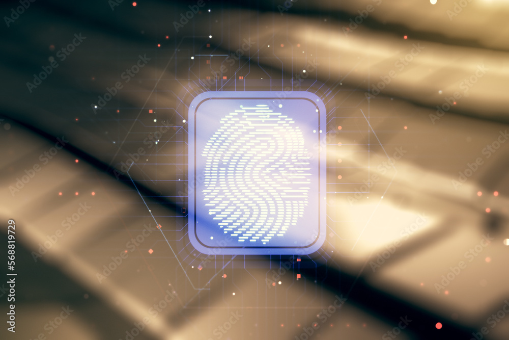 Poster Multi exposure of virtual abstract fingerprint illustration on blurry abstract metal background, digital access concept
