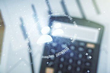 Abstract virtual people icons on calculator background. Life and health insurance concept. Multiexposure
