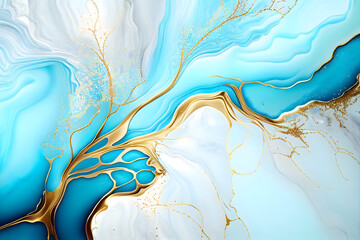 Swirl of blue gold marble abstract background, Liquid marble design abstract, light blue azure tones with golden, Paint marble texture. Alcohol ink colors, Generative Ai.