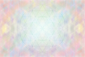Flower of Life sacred geometry soft pastel prism of light. Concept of esoteric spiritual growth, transmutation, harmony.