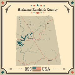 Large and accurate map of Randolph county, Alabama, USA with vintage colors.