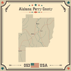 Large and accurate map of Perry county, Alabama, USA with vintage colors.
