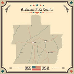 Large and accurate map of Pike county, Alabama, USA with vintage colors.
