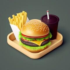 Hamburger Menu with Fries - Clay Fast Food - Postproducted generative AI digital illustration