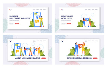 Likes in Social Networks Landing Page Template Set. Characters Chat through Internet Site, Use Modern Remote Communication