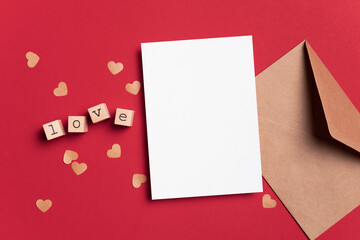 Valentines Day greeting card mockup with envelope and love letters on red
