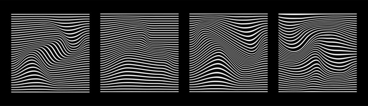 Black and white abstract wave line stripe vector illustration set. Optical art wavy background. Collection of striped lines illusion.