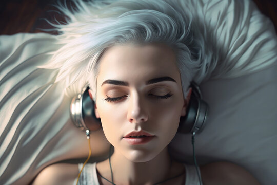 A beautiful young woman with short ash-blonde hair lies on her back with her eyes closed and listens to music on headphones. Photorealistic Generative AI drawing.