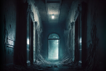 The abandoned haunted house's dark hallway filled with debris. Generative AI illustration