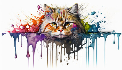 illustration of a pet cat and multicolored splashes of paint	