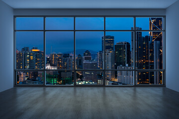 Naklejka premium Empty room Interior Skyscrapers View Malaysia. Downtown Kuala Lumpur City Skyline Buildings from High Rise Window. Beautiful Expensive Real Estate overlooking. Night time. 3d rendering.