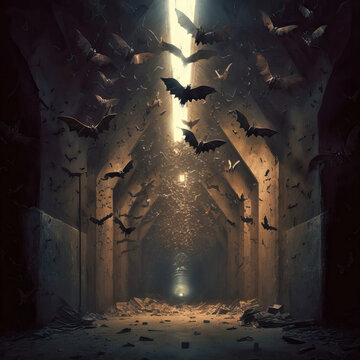 A swarm of monstrous bats filling a dark tunnel of an abandoned mine, horror story scene, generative AI illustration