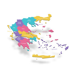 Greece political map of administrative divisions - decentralized administrations and autonomous monastic state of Mount Athos. 3D colorful vector map with name labels.