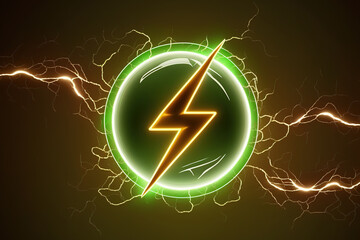 Lightning bolt in neon glowing light with spaking effect on background. Battery energy voltage or EV charging icon. Generative Ai image. - obrazy, fototapety, plakaty