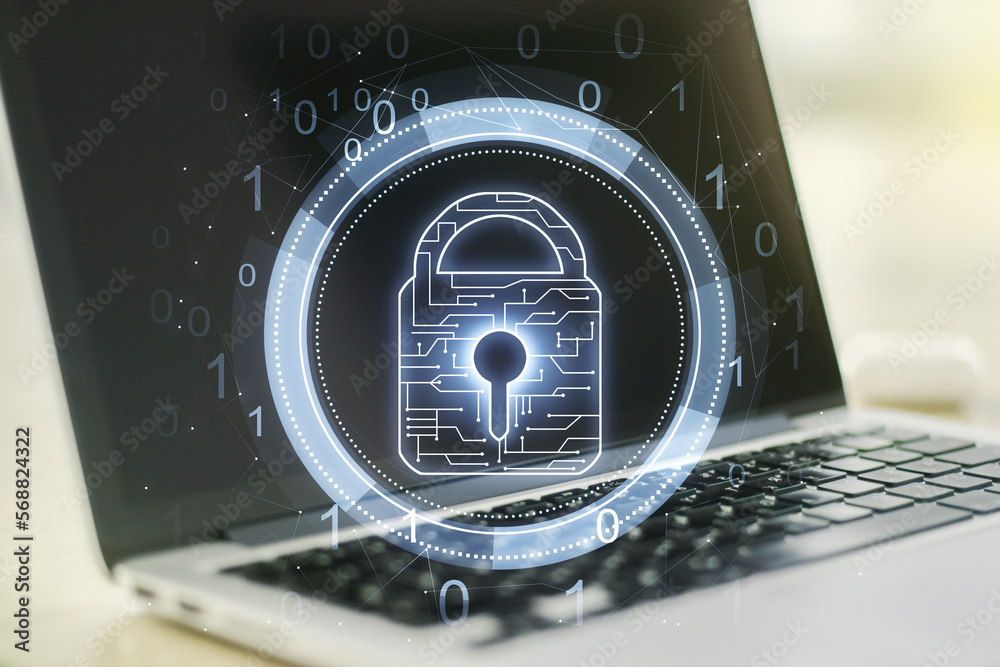 Poster creative light lock illustration with microcircuit on modern computer background, cyber security con