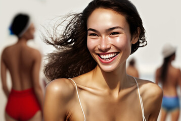 young adult woman in bikini on the beach, front view, smiling and in a good mood on vacation, sunshine on the skin of an attractive slim woman, fictional place, Generative AI