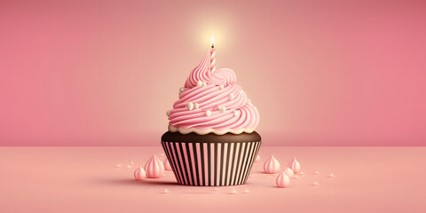 Birthday Cupcake with candle - pink background banner, generativ ai 