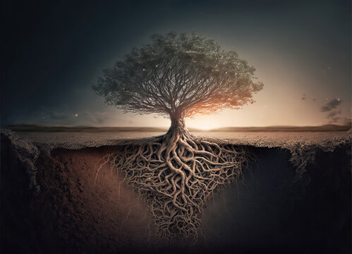 Lonely tree at sunrise with branches in the air and roots underground, earth section concept, generative AI illustration