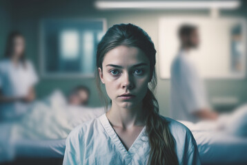 Fototapeta premium a young medical assistant, nurse or doctor in the hospital or nursing home works in the care, exhausted or stressed woman with a negative facial expression, Generative AI