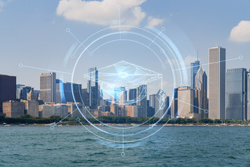 City view of Downtown skyscrapers of Chicago skyline panorama over Lake Michigan, harbor area, day time, Illinois, USA. Education concept. Academic research, top ranking universities, hologram