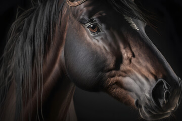 Fototapeta na wymiar portrait of a beautiful horse in a field, Wildlife, Dark Background, Illustration generativ ai 