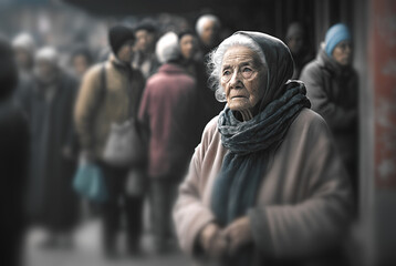 an old woman on a street in a negative mood, fictional person and place, in the background other people, Generative AI