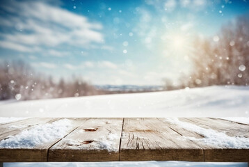 wooden table covered by snow and snowy landscape and trees in the background , Generative AI