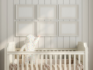 Frame Mockup in cozy nursery interior, 3d render