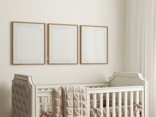 Fototapeta na wymiar Frame Mockup in cozy nursery interior, 3d render